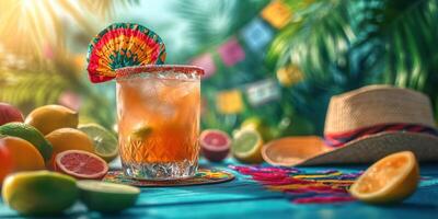 Colorful cocktail with fresh fruits and decorative elements at a sunny outdoor gathering photo