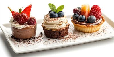 Decadent dessert trio featuring chocolate mousse, berry tart, and cream-filled cupcake served on a white plate photo