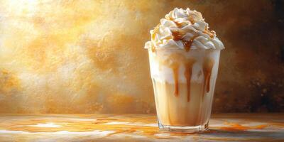 Creamy dessert beverage topped with fluffy whipped cream and caramel drizzle in a warm setting photo
