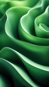 Green undulating fabric displays smooth curves and textures under soft lighting in a close-up view photo