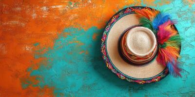 Colorful traditional hat displayed against vivid orange and teal background, showcasing intricate craftsmanship and cultural significance photo