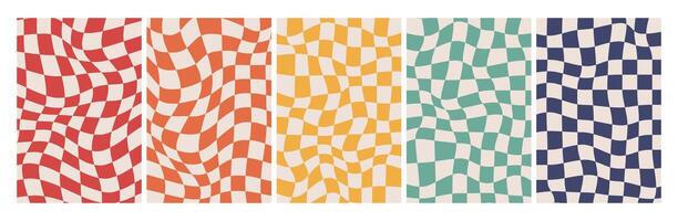 Groovy Checkered Background set. Retro Twisted Templates. Waves Trippy Grid. Trendy Hippie aesthetic psychedelic 1970s vector