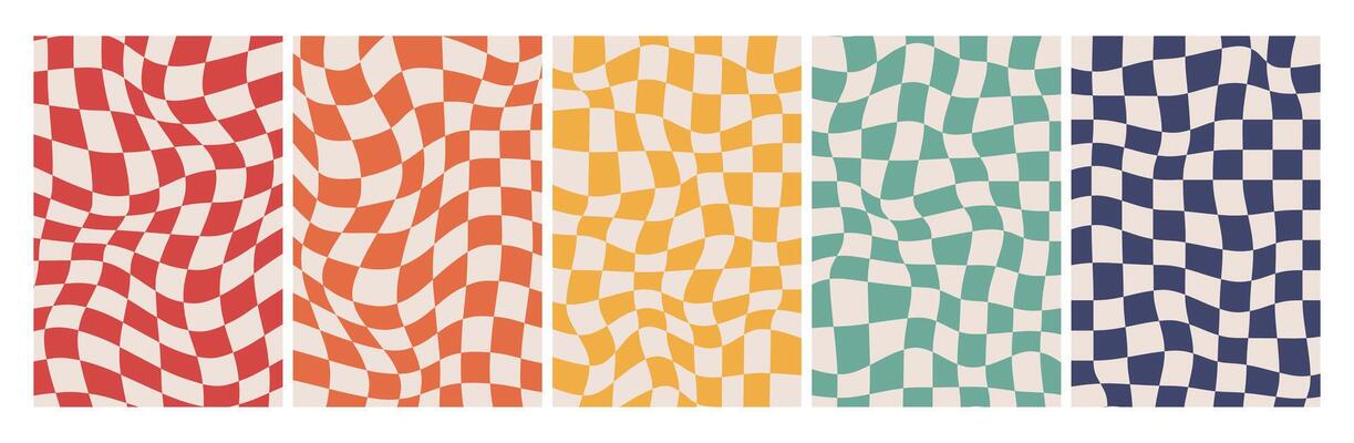 Groovy Checkered Background set. Retro Twisted Templates. Waves Trippy Grid. Trendy Hippie aesthetic psychedelic 1970s