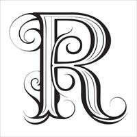 Elegant Ornate Letter R Design with Intricate Swirls and Flourishes in Black and White Tribal, Baroque, and Calligraphic Typography Art. vector