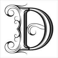 Elegant Ornate Letter D Design with Intricate Swirls and Flourishes in Black and White Tribal, Baroque, and Calligraphic Typography. vector