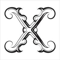 Elegant Ornate Letter X Design with Intricate Swirls and Flourishes in Black and White Tribal, Baroque, and Calligraphic Typography Art. vector