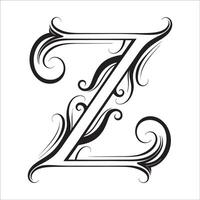 Elegant Ornate Letter Z Design with Intricate Swirls and Flourishes in Black and White Tribal, Baroque, and Calligraphic Typography Art. vector