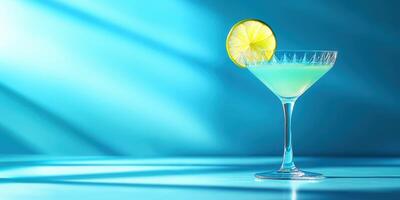 Refreshing green cocktail served in a classic glass against a vivid blue backdrop enhancing its vibrant color and design photo