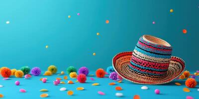 Colorful sombrero with vibrant pom poms and confetti on bright blue background for festive celebration photo
