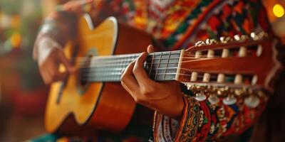 Musician playing acoustic guitar while wearing colorful traditional clothing in a warm, vibrant setting photo