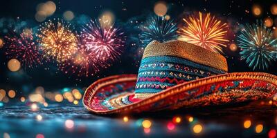 Colorful sombrero rests on a table with vibrant fireworks lighting up the night sky during a festive celebration photo