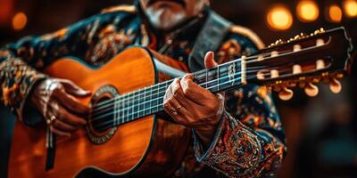 Musician performing passionately with guitar during a lively cultural event at night in a vibrant venue photo