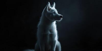 Soft white husky sits quietly in low light with blank expression in a darkened space reflecting stillness and calmness photo