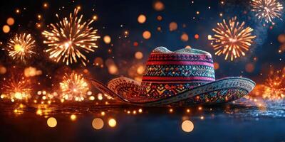 Colorful hat surrounded by festive fireworks creating a vibrant celebration atmosphere at night photo