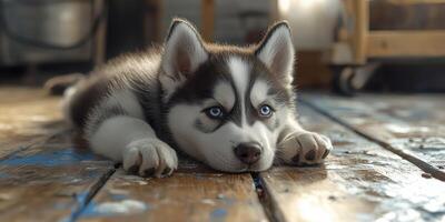 Siberian husky puppy resting on a wooden floor in a cozy indoor space photo