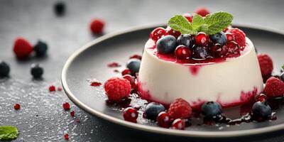 Delightful creamy dessert topped with fresh berries and mint on a black plate in a cozy dining setting photo