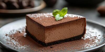 Rich chocolate mousse dessert on a dark plate with a mint leaf garnish and cocoa powder sprinkled on top photo