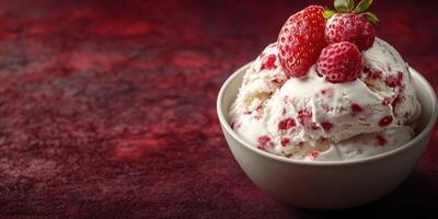 Indulgent strawberry ice cream served in a bowl with fresh berries on top photo