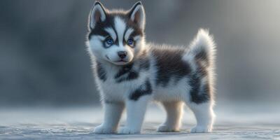 Light-hearted Siberian husky puppy stands on soft snowy ground under gentle morning light photo