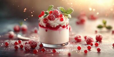 Delicious dessert featuring creamy layers topped with fresh raspberries and red currants in a warm setting photo