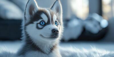 Playful Siberian Husky puppy with bright blue eyes at home on a cozy fur rug in the afternoon sunlight photo