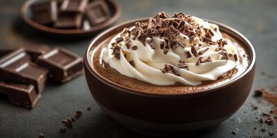 Rich chocolate mousse topped with whipped cream and chocolate shavings served in a bowl alongside dark chocolate pieces photo