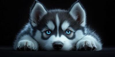 Adorable husky puppy laying on a dark surface, showcasing vibrant blue eyes and a playful demeanor photo