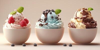 Delicious ice cream bowls topped with fresh fruits and chocolate in a bright setting photo