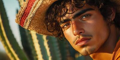 Young man in a traditional hat poses confidently among tall cacti in bright sunlight during golden hour photo