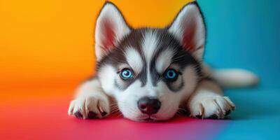Cute husky puppy relaxing on colorful background, showcasing vibrant fur patterns and expressive blue eyes photo