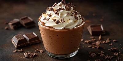 Delicious chocolate mousse topped with whipped cream and chocolate shavings served in a glass on a dark surface photo