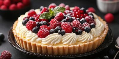 Delicious berry tart topped with fresh raspberries and blueberries served on a dark table photo