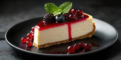 Delicious cheesecake slice topped with berries and mint on a dark plate in a cozy setting photo