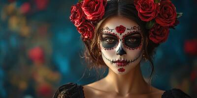 Celebrating Dia de los Muertos with vibrant makeup and flower crown in a festive atmosphere photo
