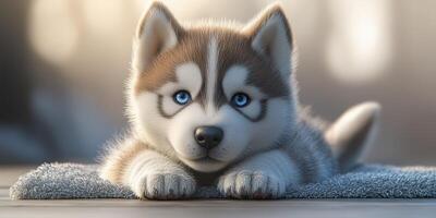 Cute husky puppy with striking blue eyes resting on a soft mat in a cozy indoor setting during the afternoon photo
