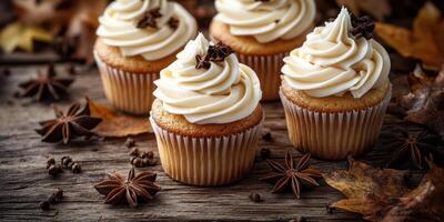 Delicious autumn cupcakes decorated with creamy frosting and spices placed on rustic wooden surface photo
