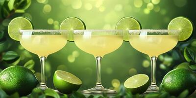 Refreshing lime cocktails served in elegant glasses against a vibrant green background photo