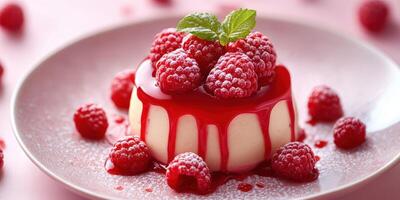 Delicious dessert featuring creamy panna cotta topped with fresh raspberries and raspberry sauce on a pink plate photo