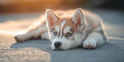 Sweet husky puppy resting in the golden light of late afternoon photo