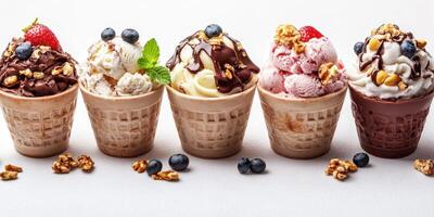 Variety of colorful ice cream cups arranged neatly on a light background with fresh fruits and nuts photo