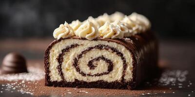 Delicious chocolate cream roll cake with whipped topping presented on a dark surface photo