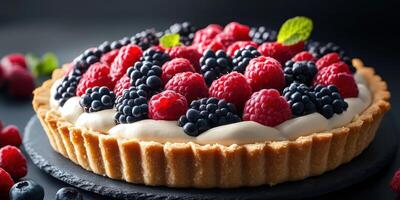 Fresh berry tart with cream filling presented on a dark slate background at a dessert showcase photo