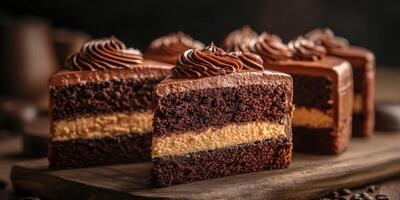 Decadent chocolate layer cakes displayed on a wooden board with rich frosting and a rustic background photo