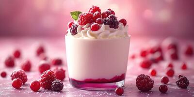 Creamy dessert topped with assorted berries on a pink background photo