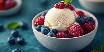 Delicious bowl of vanilla ice cream topped with fresh raspberries and blueberries on a blue surface photo