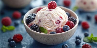 Delicious dessert featuring creamy ice cream with fresh berries and mint leaves on a textured blue background photo
