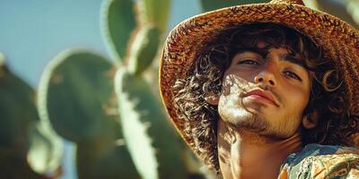 Young man in stylish hat poses among cacti on bright sunny day in outdoor setting photo