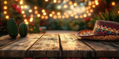 Rustic wooden table with decorative hat and cacti under string lights in a vibrant outdoor setting photo