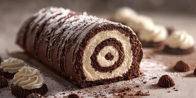 Chocolate roll cake with whipped cream and chocolate truffles on dessert table at evening gathering photo