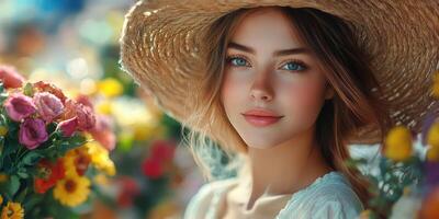 Young woman wearing large straw hat surrounded by vibrant flowers in a sunny garden photo